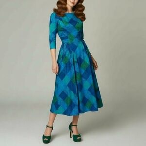 1950s Topsey Originals Dress Blue Green Rockabilly Fit Flare‎ Ruched Sleeve VTG